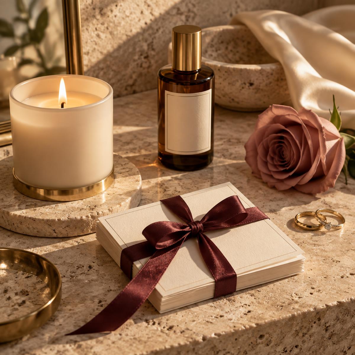 Ivory candle styled with a rose and wedding rings